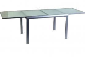 Locatie Tafel Clarence heeft een mat RVS onderstel en een uitschuifbaar tafelblad van melkwit glas