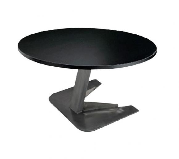 Location Tafel Bambino combineert een bijzondere voet met een zwart, rond tafelblad