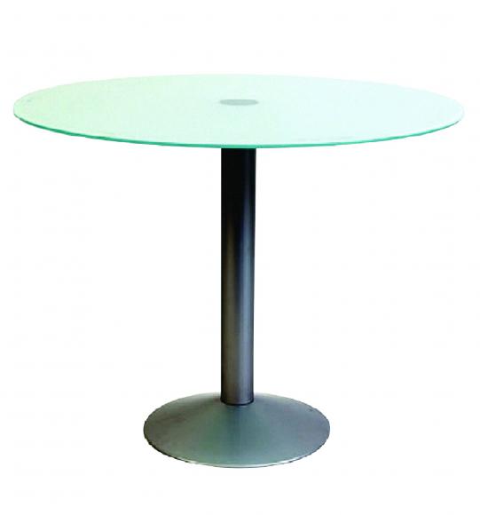 Location Tafel Deculpo heeft een metalen onderstel dat is gepoedercoat in aluminiumkleur en een rond, matglazen tafelblad