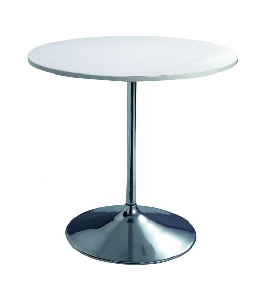 Location De tafel Trumpet heeft een chromen onderstel en een wit tafelblad